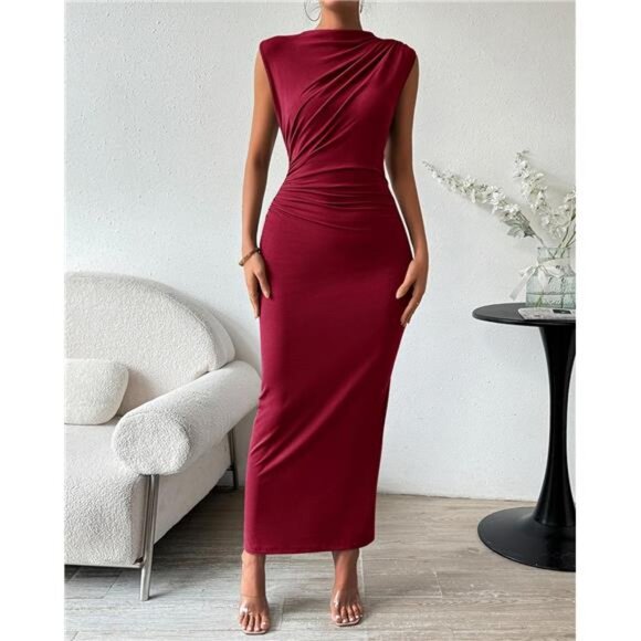 Women's Ruched Maxi Dress Elegant Dark Wine - Picture 2 of 6